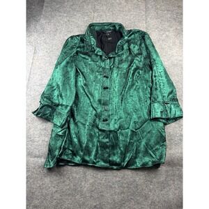 Ali Miles Womens Plus 2X Metallic Green Button Up Stand Collar Top Blouse Artsy